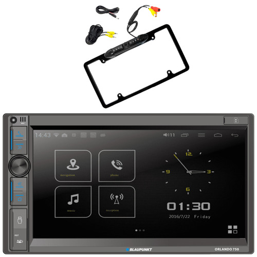 Blaupunkt Orlando 750 6.9" Touchscreen Double DIN Bluetooth USB AM/FM Radio Car Audio Receiver, License Plate Frame Rear View Backup Night Vision Waterproof Camera