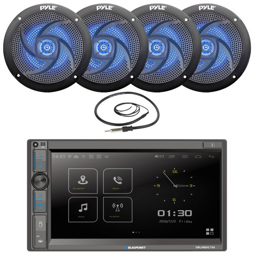 Blaupunkt Orlando 750 6.9" Touchscreen Double DIN Bluetooth USB AM/FM Radio Car Audio Receiver, 4x 5.25" 180 Watt Max 2-Way Low Profile Slim Style Blue LED Black Audio Boat Speakers, 22" Radio Antenna
