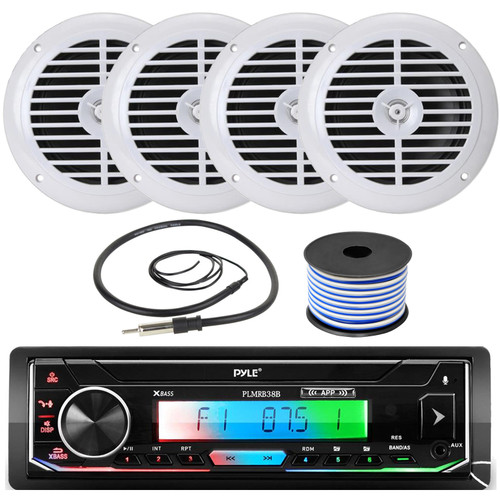 Pyle  Single DIN AM/FM Radio USB/AUX Bluetooth Marine Stereo Black Receiver Bundle Combo with 2 Pairs of 6.5'' 120W Full Range White Waterproof Marine Speakers, Wired Antenna, 18 Gauge Speaker Wire