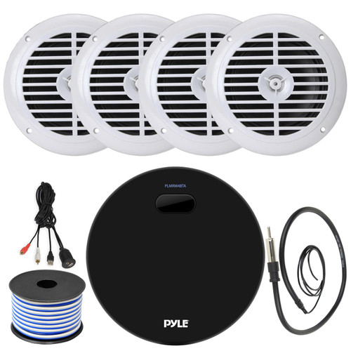 Pyle Marine Water Resistant Bluetooth USB AUX Amplifier Receiver Bundle Combo with 2 Pairs of 6.5'' 120W Full Range White Waterproof Marine Speakers, Antenna, 18 Gauge Speaker Wire, USB/AUX Interface