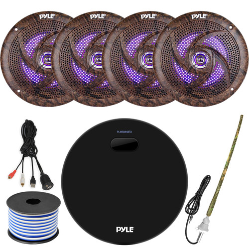Pyle Marine Water Resistant Bluetooth USB AUX Amplifier Receiver Bundle Combo with 2 Pairs of 6.5'' 240W Camouflage Waterproof Marine LED Speakers, Rubber Mast Antenna, 18G Wire, USB/AUX Interface