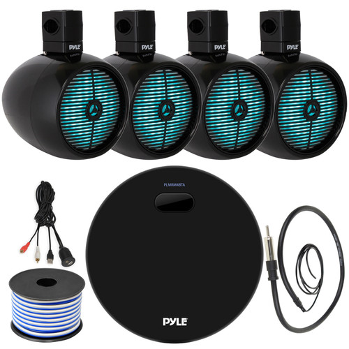 Pyle Marine Water Resistant Bluetooth USB AUX Amplifier Receiver Bundle Combo with 2 Pairs of 8" 2-Way 480W Marine Black Wakeboard LED Tower Speakers, Wired Antenna, 18 Gauge Wire, USB/AUX Interface