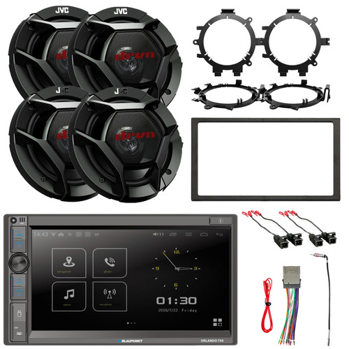 Blaupunkt Orlando 750 6.9" Touchscreen Double DIN Bluetooth USB AM/FM Radio Receiver W/Install Kit, 4x 6.5" 300W Max 2-Way Coaxial Speakers W/Adaptors + Wire Harness, Wiring Harness, Antenna Adapter