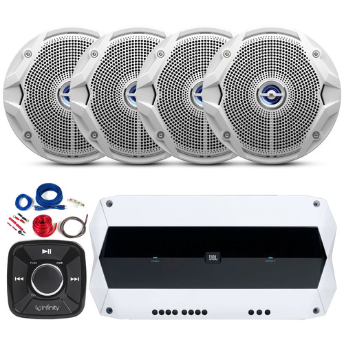 JBL Marine MA704 Weather-Resistant High-Performance 4-Channel Marine Amplifier Bundle Combo with Flush Mount Pre-Amp Bluetooth Controller, 4x 6.5" inch Dual Cone Stereo White Speakers, Amp Wiring Kit