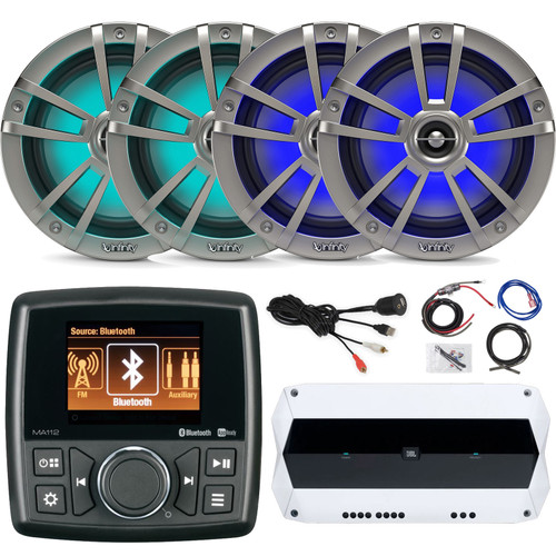 Marine Audio MA112 2.8" Color Display Stereo USB Bluetooth Marine Receiver, 4x Infinity 6.5" Coaxial 225W Waterproof Titanium LED Boat Speakers, 4-Channel Amplifier w/ Wiring Kit, USB/AUX Interface