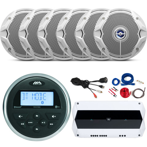 Marine Audio MA100 Compact Bluetooth USB AUX AM/FM Radio Receiver Bundle Combo with 6x JBL Boat ATV Marine 6.5" Dual Cone White Speakers, 4-Channel Amplifier w/ Wiring Kit, USB/AUX Interface