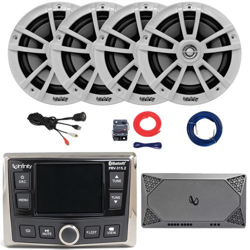 Infinity PRV-315.2 Marine Bluetooth USB/AUX WB AM/FM Radio Gauge Hole Mount Receiver, 4x 6.5" 225W Max High-Performance White Speakers, 4-Channel Compact Amplifier w/Kit, USB/AUX Adapter, Speaker Wire