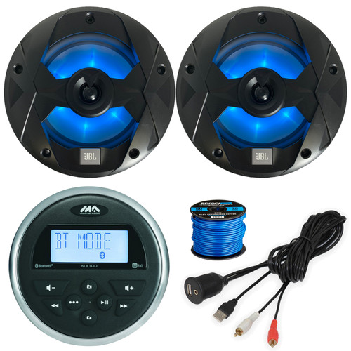 Marine Audio MA100 Compact Bluetooth USB AUX AM/FM Radio Stereo Receiver Bundle Combo with 2x JBL 8" 2-Way Marine Audio Multi-Element Black LED Speakers, USB/AUX Interface, 16 Gauge Speaker Wire