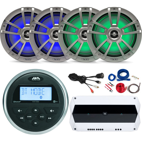 Marine Audio MA100 Compact Bluetooth USB AUX AM/FM Receiver Bundle Combo with 4x Infinity 8" Coaxial 450W Waterproof Marine Titanium LED Speakers, 4-Channel Amplifier w/ Wiring Kit, USB/AUX Interface