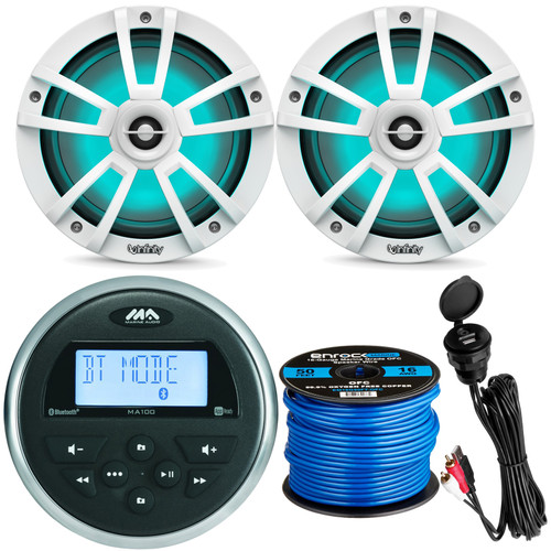 Marine Audio MA100 Compact Bluetooth USB AUX AM/FM Stereo Receiver Bundle Combo with 2x Infinity 8" Coaxial 450 Watt Waterproof Marine White LED Speakers, USB/AUX Interface, 16 Gauge Speaker Wire