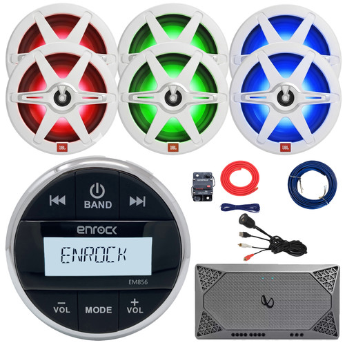 Enrock EM856 Marine USB/AUX AM/FM Radio Weather-Resistant Gauge Style Digital Media Receiver, 6x 8" 450W Max 2-Way RGB LED Boat Speakers W/Grilles, 4-Channel Amplifier w/Kit, USB/AUX Adapter, Wire