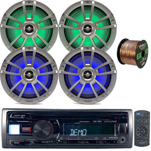 Alpine CDE-150E Single DIN CD Player USB AUX Radio Stereo Car Audio Receiver Bundle Combo with 4x Infinity 8" Coaxial 450W Waterproof Marine Titanium LED Speakers, 16 Gauge 50 Feet Speaker Wire