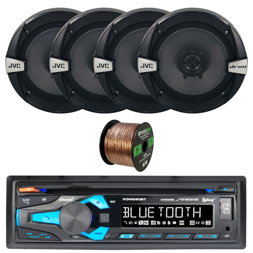 Dual Electronics XDM290BT Single DIN CD Player Bluetooth MP3 AUX USB AM/FM Car Radio Stereo Receiver with 2 Pair (QTY 4) 6.5" 300 Watt Max Power 2-Way Car Audio Speakers, 16 Gauge 50 Feet Speaker Wire