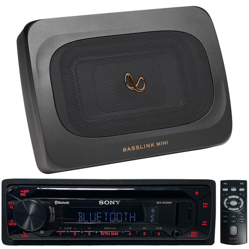 Sony MEX-N4300BT Single DIN Bluetooth USB AUX CD Player Car Audio Receiver Bundle Combo with Infinity 6x8" 200 Watt Max Compact Under Seat Powered Subwoofer System + Bass Volume Remote Control