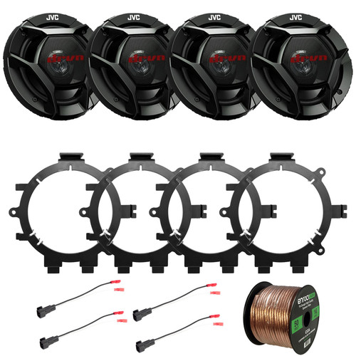 Two Pairs (QTY 4) Of JVC CS-DR621 6.5" 300W Max Power 2-Way Coaxial Automotive Speakers, 4x Speaker Wire Harness, 4x 5.25" or 6.5" Speaker Mounting Bracket Adaptor, 50 Feet 16 Gauge Speaker Wire