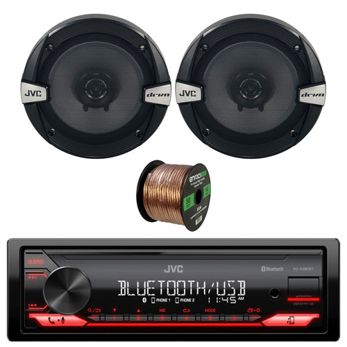 JVC KD-X280BT Single Din Bluetooth USB AUX AM/FM Radio Digital Media Stereo Receiver with 6.5" 300 Watt Max Power 2-Way Car Audio Speakers (Pair), 16 Gauge 50 Feet Speaker Wire