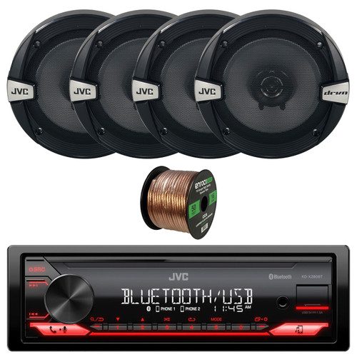 JVC KD-X280BT Single Din Bluetooth USB AUX AM/FM Radio Digital Media Stereo Receiver with 6.5" 300 Watt Max Power 2-Way Car Audio Speakers (Qty 4), 16 Gauge 50 Feet Speaker Wire