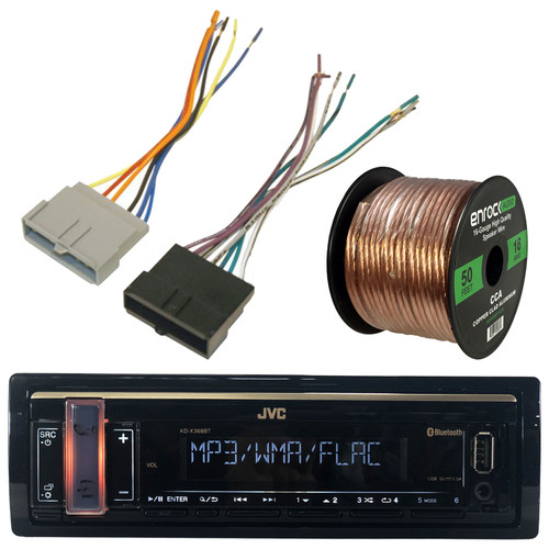 JVC Single DIN Digital Media USB AUX Bluetooth AM/FM Radio Stereo Car Receiver Bundle Combo with Scosche FD02B Power/Speaker Connectors, Speaker Wire (Compatible with Select 1986-1997 Ford Vehicles)