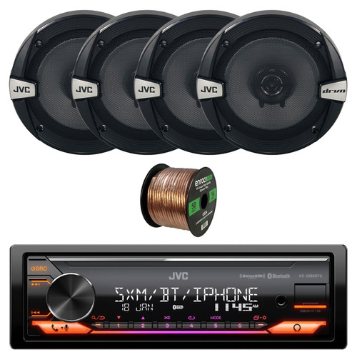 JVC KD-X380BTS Single DIN USB Bluetooth AM/FM Radio Stereo Receiver with 4x 6.5" 300 Watt Peak Power 2-Way Car Audio Speakers, 16 Gauge 50 Feet Speaker Wire