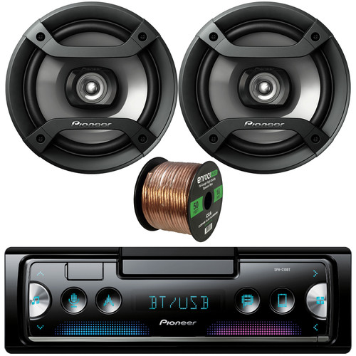 Pioneer SPH-C10BT Single DIN Smartphone Multimedia Bluetooth USB Receiver Bundle Combo with 2x Pioneer TS-F1634R 6.5" 100W 2-Way Slim Mount Car Audio Speakers, 16 Gauge 50 Feet Speaker Wire