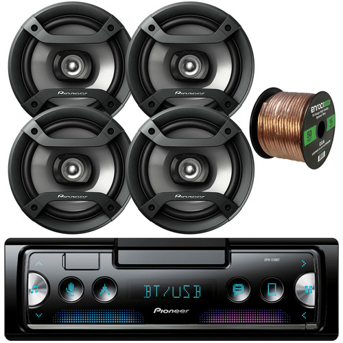 Pioneer SPH-C10BT Single DIN Smartphone Multimedia Bluetooth USB Receiver Bundle Combo with 4x Pioneer TS-F1634R 6.5" 100W 2-Way Slim Mount Car Audio Speakers, 16 Gauge 50 Feet Speaker Wire