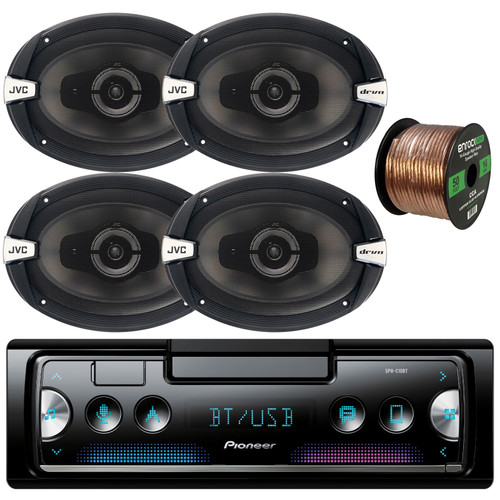 Pioneer SPH-C10BT Single DIN Smartphone Multimedia Bluetooth USB Receiver Bundle Combo with 4x 6x9" 500 Watt Peak Power 3-Way Car Audio Speakers, 16 Gauge 50 Feet Speaker Wire