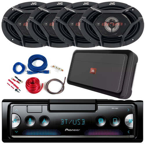 Pioneer SPH-C10BT Single DIN Smartphone Multimedia Bluetooth USB Receiver Bundle Combo with 4x 6x9" 550 Watt Peak Power 4-Way Coaxial Speakers, 4-Channel Compact Amplifier, Amp Wiring Kit