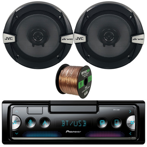 Pioneer SPH-C10BT Single DIN Smartphone Multimedia Bluetooth USB Receiver Bundle Combo with 2x 6.5" 2-Way Coaxial 300W Max Power Car Speakers, 16 Gauge 50 Feet Speaker Wire