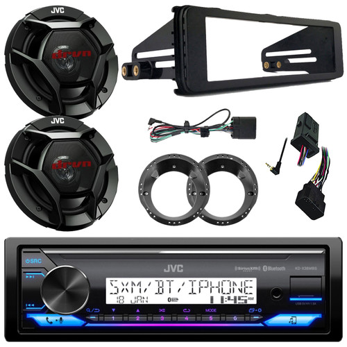 JVC KD-X38MBS Single DIN Marine Bluetooth USB/AUX LED AM/FM Radio SiriusXM Ready Stereo Receiver W/Install Kit, 2x 6.5" 300W Max 2-Way Speakers W/Adapters, Handlebar Control Interface (Fits 98-13 HD)
