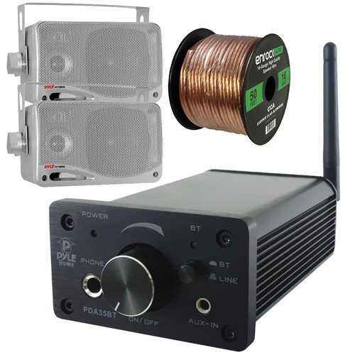 Pyle 100 Watt Peak Power Mini Bluetooth Power Digital Class D Compact Amplifier System Bundle Combo with 2x 3.5'' 200W 3-Way Weather Proof Mini Silver Box Speakers, 16 AWG Gauge 50 Feet Speaker Wire