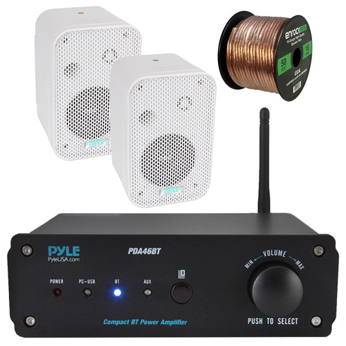 Pyle Compact 100 Watts Max Power Hi-Fi 2-Channel Bluetooth Stereo Amplifier Receiver System Bundle Combo with 2x 3.5" 300W Indoor/Outdoor White Waterproof Speakers, 16 Gauge 50 Feet Speaker Wire