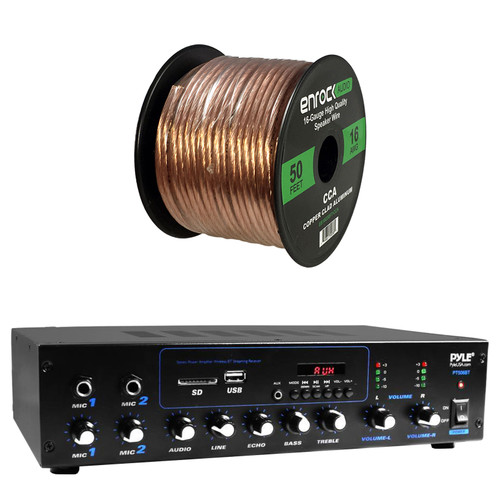 Pyle 600 Watt Peak Power Bluetooth USB AUX FM Radio Stereo Power Amplifier Receiver System Bundle Combo with 16 AWG Gauge 50 Feet Speaker Wire
