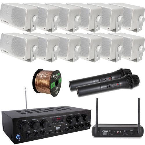 Pyle 6-Channel 750W Bluetooth USB AUX FM Stereo Amplifier Receiver System Bundle Combo with 12x 3.5'' Weather Proof White Box Speakers, Wireless Microphone Receiver System with 2 Mics, Speaker Wire