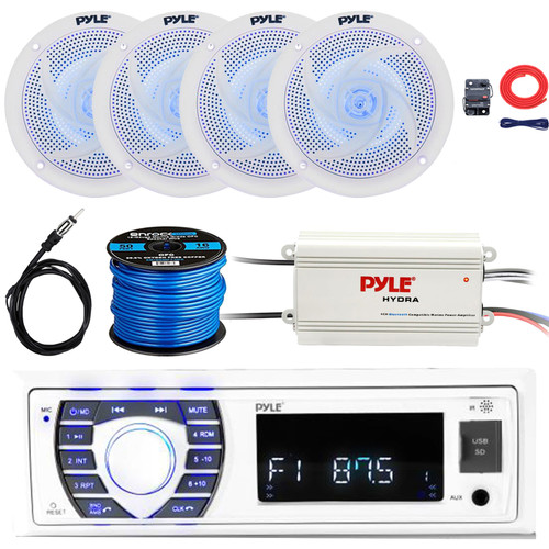 Pyle PLRMR23BTW Single DIN Marine Bluetooth USB/AUX MP3 Player SD AM/FM Radio Stereo Receiver, 4x 6'' 240W Max Low Profile 2-Way Blue Flashing LED Speakers, 4-Channel Amplifier w/Kit, Wire, Antenna