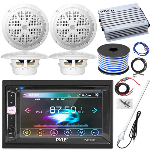 Pyle PLDN83BT 6.2'' LCD TouchScreen Bluetooth AM/FM DVD Car Stereo Receiver, 4x 6.5" 120 Watt Dual Cone White Marine Speakers, 4-Channel Amplifier w/Wiring Kit, Speaker Wire, Long Range Antenna