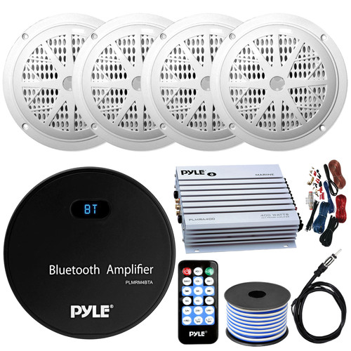 21-29' Pontoon Boat Audio Bundle: Pyle Gauge Style Bluetooth USB AUX Marine Receiver Bundle Combo with 4 x 6.5'' 120W White Marine Speakers, 4-Channel Amp w/ Wiring Kit, Speaker Wire, Radio Antenna