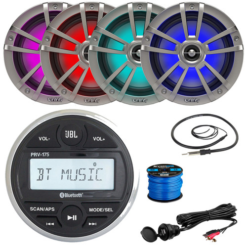 JBL PRV-175 Marine Bluetooth USB/AUX AM/FM Radio Digital Media Gauge Style Stereo Receiver, 4x 6.5" 225W Max Waterproof Titanium Boat RGB LED Speakers, USB/AUX Adapter, Radio Antenna, Speaker Wire