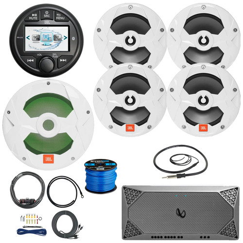 JBL PRV-275 Gauge Style Marine Bluetooth AM/FM/WeatherBand Radio Receiver, 4x 6.5" 2-Way 225W Boat Speakers, 10" Subwoofer, 5-Channel Amplifier w/Kit, Wire, Antenna, Aux/USB Adapter