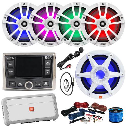Infinity PRV-315.2 Marine Bluetooth USB/AUX WB AM/FM Gauge Hole Mount Receiver, 4x 6.5" 225W Max RGB LED Speakers, 10" 900W Max Subwoofer, 5-Channel Amplifier W/Kit, USB/AUX Adapter, Antenna, Wire