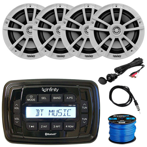 Infinity PRV250 Marine Bluetooth USB/AUX AM/FM Radio Digital Media Black Stereo Receiver, 4x 6.5" 225W Max High-Performance White Speakers, USB/AUX Adapter, Radio Antenna, Speaker Wire