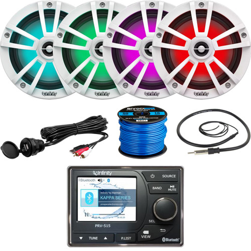 Infinity PRV515 High-Power Marine Bluetooth SiriusXM Ready Digital Media Receiver, 4x Infinity 6.5" Coaxial 225 Watt White Speakers w/ LED, 16-Gauge Wire, Antenna, Aux Interface Mount