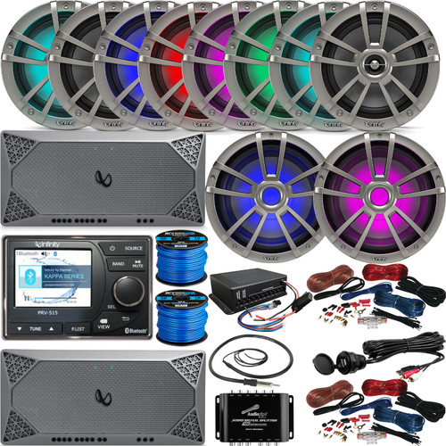 Infinity PRV515 Bluetooth SiriusXM Ready Receiver, 8x 6.5" 225W Titanium LED Speakers, 2x 10" Subwoofer, 2x Amplifier + Wiring Kit, 2x Wire, Antenna, Aux Mount, Light Control Box, Signal Split Amp