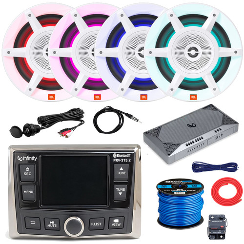 Infinity PRV-315.2 Marine Bluetooth USB/AUX WB AM/FM Radio Gauge Hole Mount Receiver, 4x 8" 500W Max 3-Way White RGB LED Speakers, 4-Channel Amplifier w/Kit, USB/AUX Adapter, Radio Antenna, Wire
