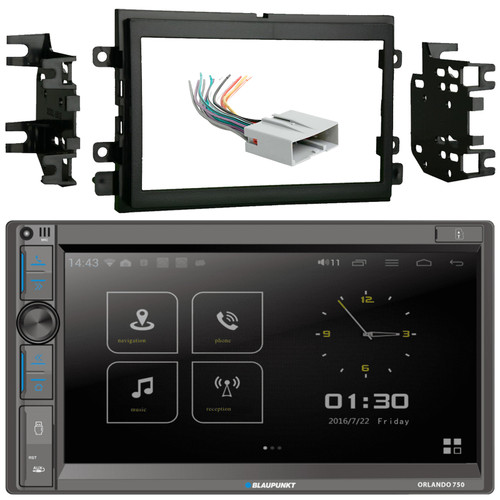 Blaupunkt Orlando 750 6.9" Touchscreen Double DIN Bluetooth USB AM/FM Radio Receiver, Double DIN Stereo Installation Kit, Wiring Harness (Bundle Fits 2004-up Ford Vehicles)