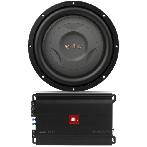 JBL Stage 3001 Full-Range Car Audio 300W RMS Class D Mono Subwoofer Amplifier Bundle Combo with Infinity Reference 1000S 10" 800 Watt Peak Power Shallow Mount Car Audio Subwoofer