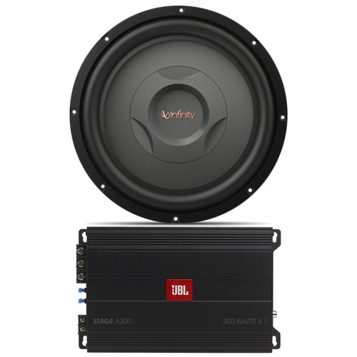 JBL Stage 3001 Full-Range Car Audio 300W RMS Class D Mono Subwoofer Amplifier Bundle Combo with Infinity Reference 1200S 12" 1000 Watt Peak Power Shallow Mount Car Audio Subwoofer