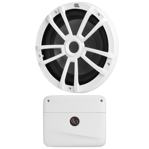 Infinity Marine 6001A 1200 Watt Max Power Mono Class D Marine Audio Amplifier w/Remote Bass Control Bundle Combo JBL Stage Marine 10" 600 Watts Max Power Boat White Subwoofer (Bulk Packaging, Single)