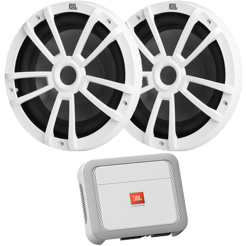 JBL Marine A600 350 Watts x 1 @ 4 Ohms High-Performance Mono Class D Marine Audio Amplifier w/ Remote Bass Control Bundle Combo One Pair (QTY 2) Of JBL Stage Marine 10" 600W Max Boat White Subwoofer