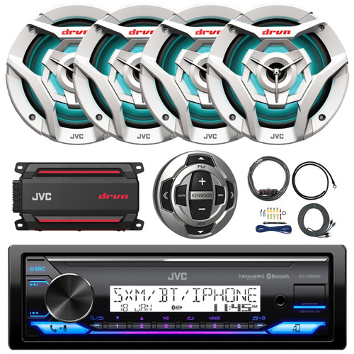 JVC KD-X38MBS Single DIN Marine USB Bluetooth AM/FM Radio Receiver w/Wired Remote, 4x 6.5" 260 Watt Max Power 2-Way Multicolor LED White Boat Audio Speakers, 4-Channel Amplifier w/Wiring Kit