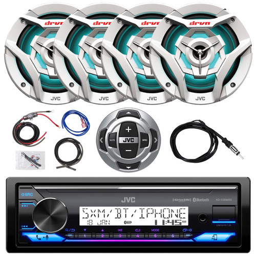 JVC KD-X38MBS Single DIN Marine USB Bluetooth AM/FM Radio Receiver w/Wired Remote, 4x 6.5" 260 Watt Max 2-Way Multicolor LED White Boat Audio Speakers, Amplifier Wiring Kit, 40" Antenna